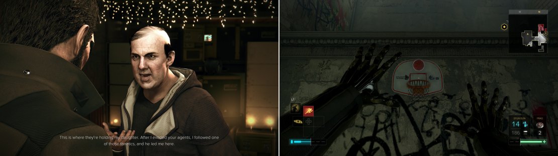 Outside of the Church of the Machinegod you&rsquo;ll be pestered by Nomad Stanek (left), but nothing is so urgent that you don&rsquo;t have time to play som basketball! (right)