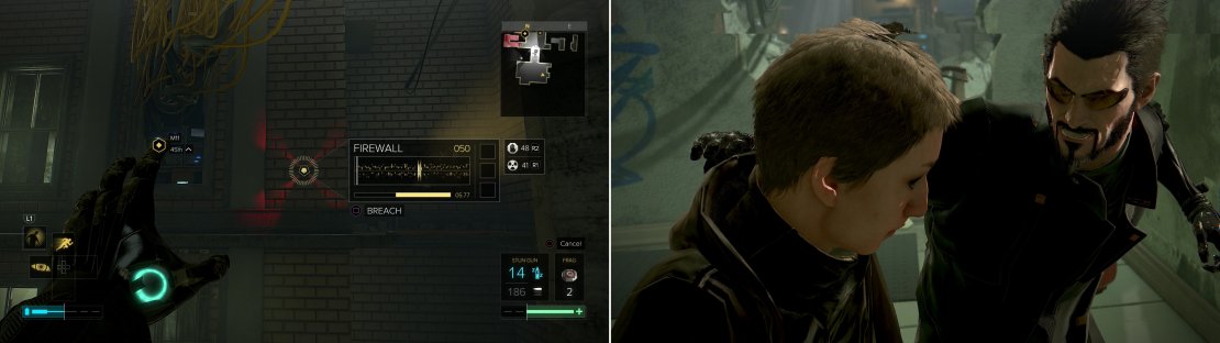 Climb some generators and Remote Hack a Frag Mine (left) then head into the upper levels of the &ldquo;church&rdquo; and dispatch some cultists (right).