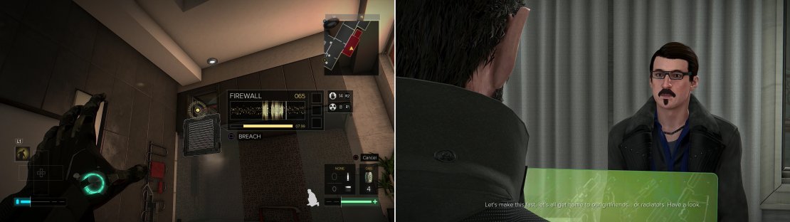 In this section Remoting Hacking goes from being handy, to mandatory (left). Mikael will sell you weapons and ammo&hellip; and pay better prices for the same than Tars (right).
