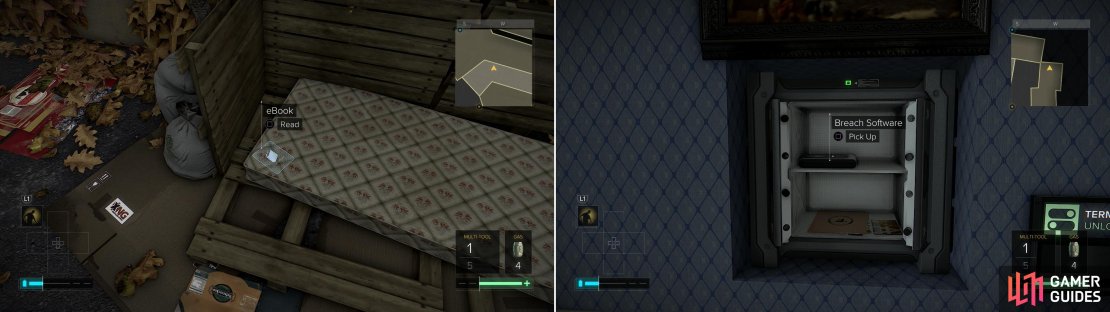 There&rsquo;s another eBook on a mattress on the roof of Rose&rsquo;s Garden (left). Loot a safe in Madame Photographe&rsquo;s Apartment to find Breach Software #21 (right).