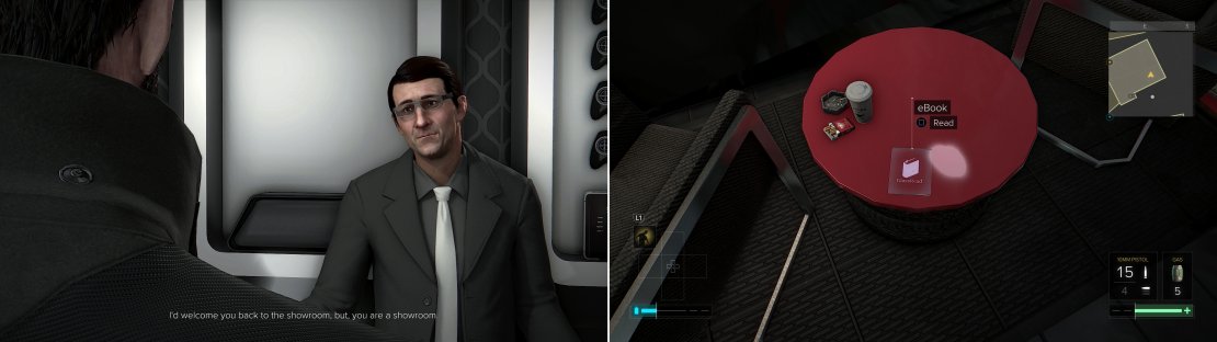 Costache at Tech Noir will sell you hacking software, and will give you good money for your Breach Software (left). Grab an eBook off the table in the Autodily shop (right).