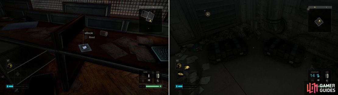 Grab the eBook off the desk in the Tourist Center (lef) a locked room in a grassy alley contains two Weapons Breifcases (right).