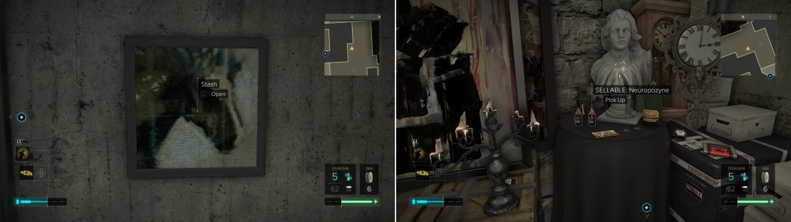 Move a painting to reveal a button (left) which opens up the way to a secret stash (right).