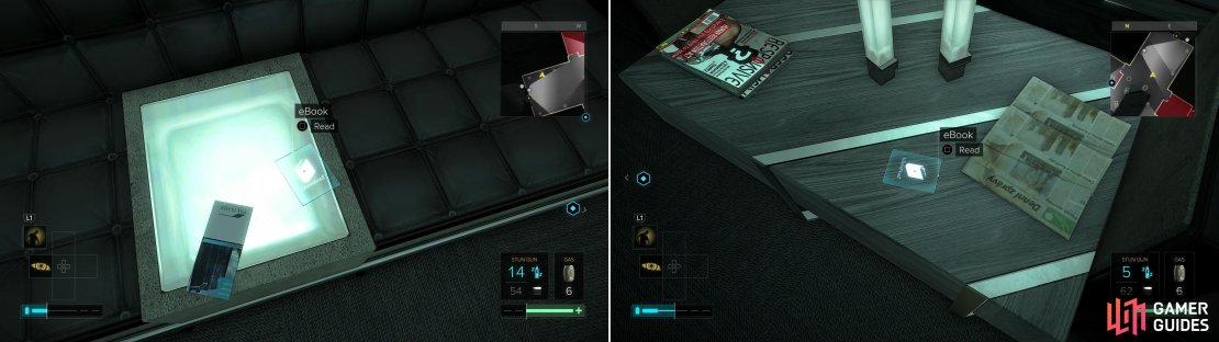 There are two eBooks near the bank&rsquo;s entrance, one on some chairs (left) and another on a table (right).
