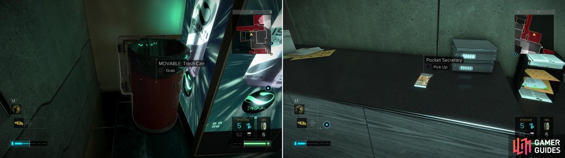 Move a Trash Can out of the way to reveal a vent (left) then sneak into a security office to find a Pocket Secretary you&rsquo;ll need to disable more security (right).