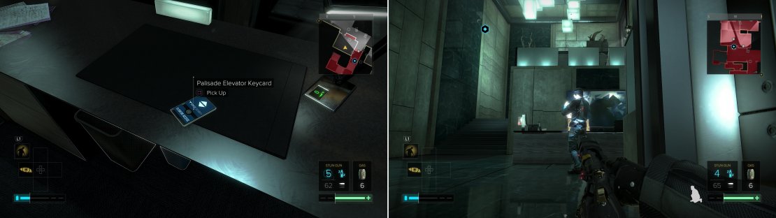 Grab the Palisade Executive Keycard out of Tomas Romanek&rsquo;s Office (left) and dispatch the guards stationed near the CEO Offices (right).