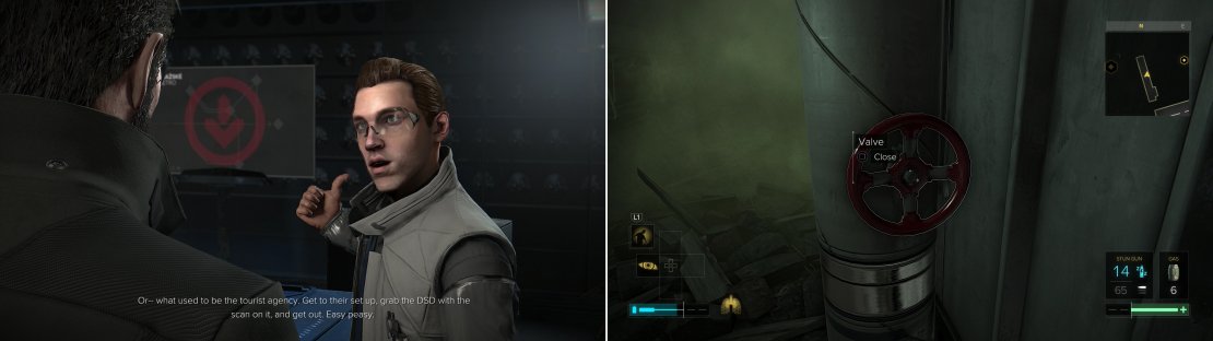 When you reach the Ruzicka Station, Smiley will ask you to recover the DSD (left). If you have the Implanted Rebreather augmentation, you&rsquo;ll be able to sneak through a duct and maintenance tunnel and turn a valve to cut the gas (right).
