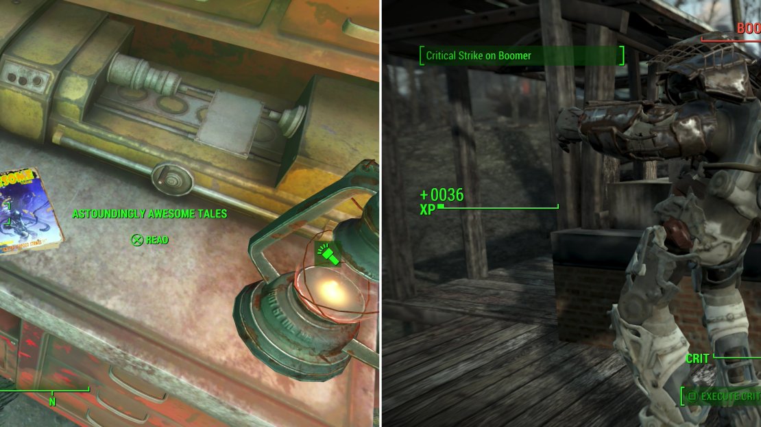 Search the Workshop at Outpost Zimonja for an issue of Astoundingly Amazing Tales (left), but first you’ll need to deal with the Power Armor-clad, Fat Man-armed Raider named Boomer (right).