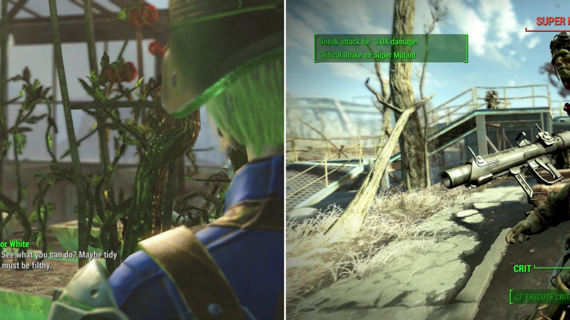 Talk to Supervisor White at Graygarden and she’ll ask you to help clean up their water at its source (left). Outside of the Weston Water Treatment Plant you’ll find a host of Super Mutants, including one with a Missile Launcher. He looks better without a head (right).