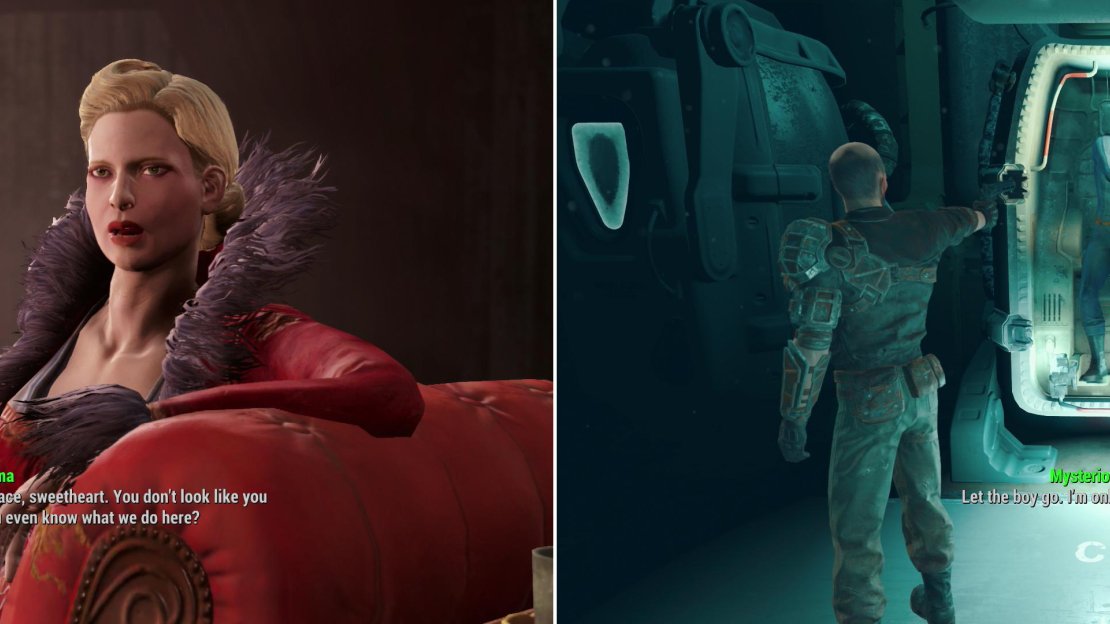 Irma handles the business end of the Memory Den (left). If you haven’t rescued Nick Valentine yet, you can use one of the memory loungers to relive you painful past (right).