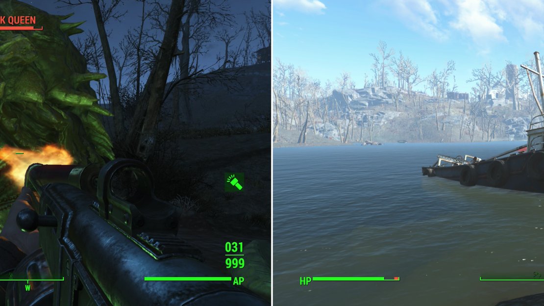 Be wary as you travel near the water, as you may draw the attention of a Mirelurk Queen (left). If you follow the coast east you’ll find the ship from which the “Nautical Signal” emanates (right).