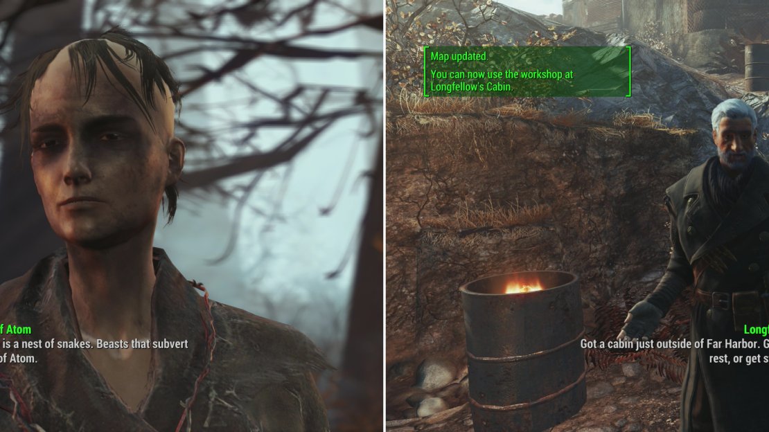 Along the way up the mountain to Acadia you’ll meet a Child of Atom cultist (left). When you finally reach Acadia Longfellow will offer to join you as a companaion, and let you make use of his cabin as a new settlement (right).