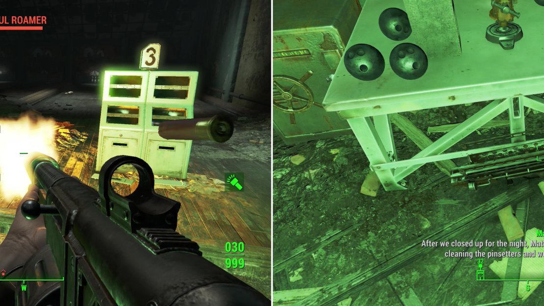 The Beaver Creek Lanes bowling alley is now a haven for Ghouls (left). Upstairs you’ll find some treasure worth braving the Ghouls for - a modified Fat Man that shoots bowling balls - The Striker! (right)
