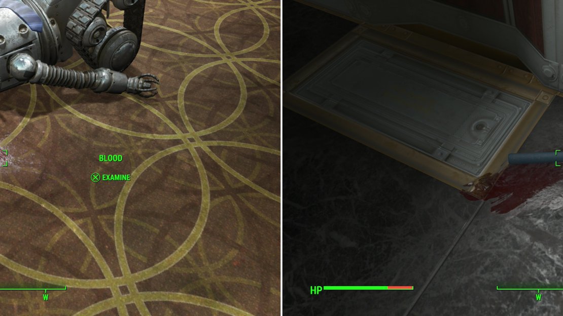 Investigate the “blood” (left) then find a plausible murder weapon not well-hidden nearby (right). The “blood” and the murder weapon point you towards your first two suspects.