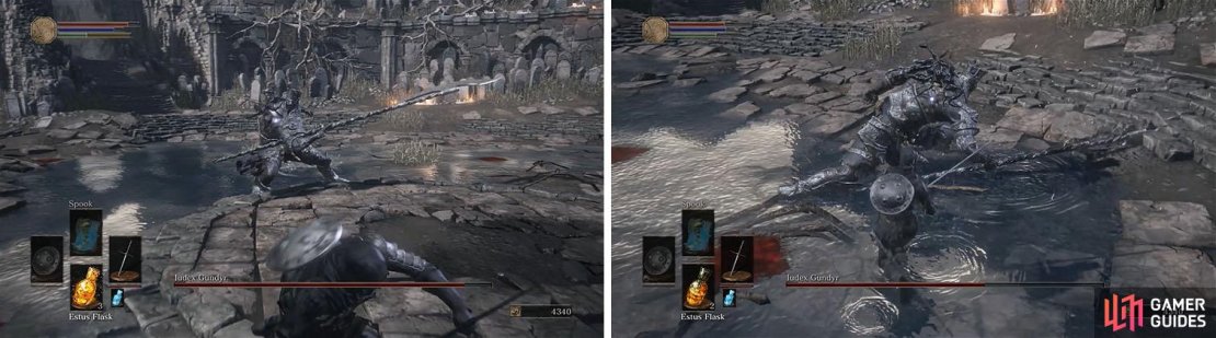 Avoid the sweeping attacks by rolling under them (left) and take in a strike or two during Gundyr&rsquo;s short recovery at the end of an attack (right).