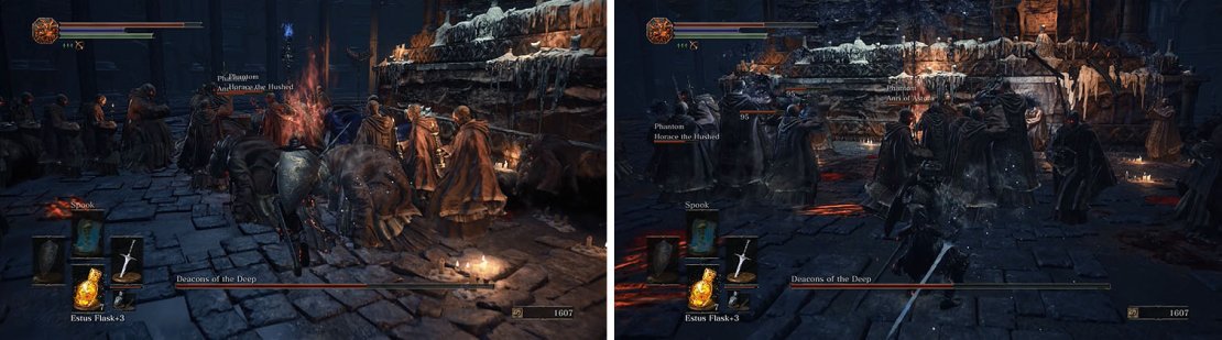 The Archdeacon appears and should be the focus of your attacks (left), but don&rsquo;t back off for long or he&rsquo;ll cast a dark spell that causes Curse (right).