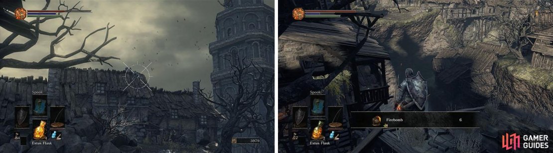 Kill the enemies on the roof and then climb the ladder to collect the Firebombs.