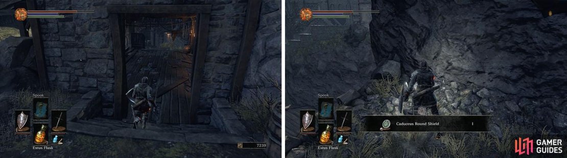 Head back to the bridge near the burning tree and enter the building (left). This will exit to the other side of the structure near a treasure (right).