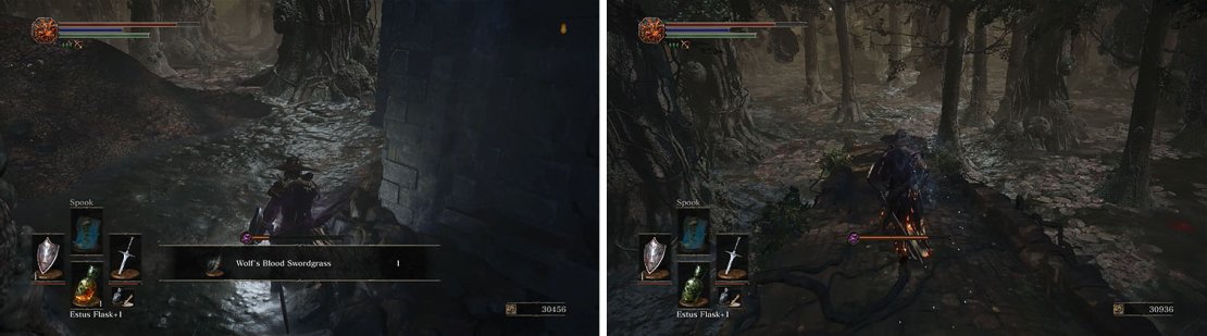 Check the side of the building for a treasure (left) and then head into the deep water. to find two ramps, each with treasures (right).