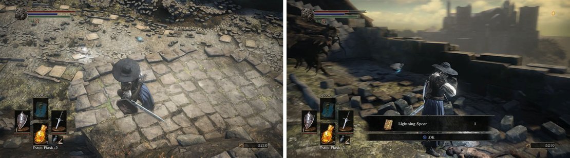 The upper ledge will allow you to get along the side of the lizards (left). Make sure to grab the Lightning Spear spell near the dragon&rsquo;s corpse (right).
