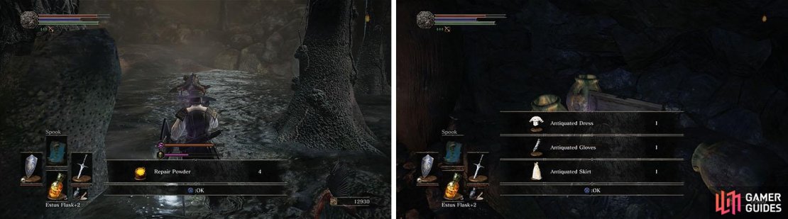 Near the Repair Powder you&rsquo;ll find a cave with a scroll and the Antiquated armor.