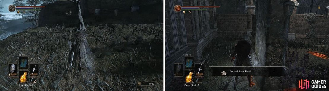 Look for the Irithyllian Slaves white eyes in the graveyard (left). Make sure to grab the Undead Bone Shard behind the tombstone (right).