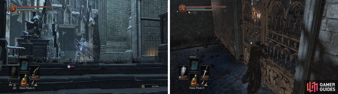 Head up the stairs to encounter some Pontiff Knights and then open the gate down the other stairs to create a shortcut.