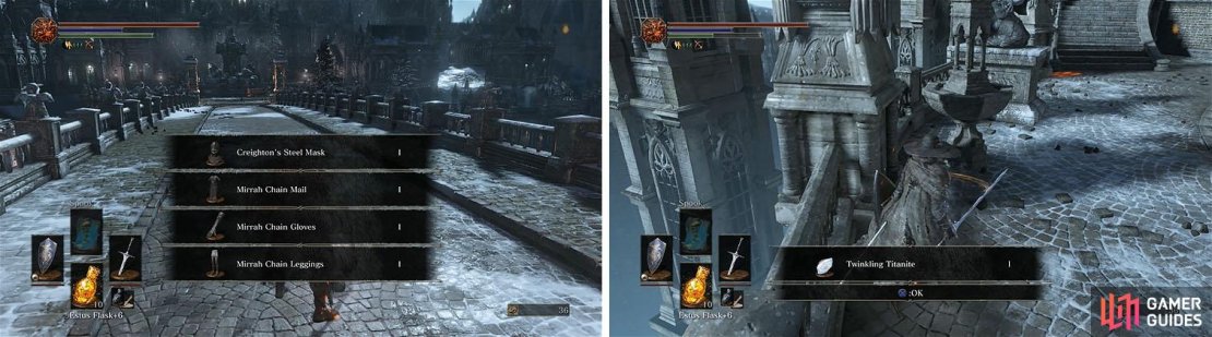 Return to the bridge to find Creighton&rsquo;s armor (left) and then exit Sulyvahn&rsquo;s boss area to kill two Crystal Lizards (right).