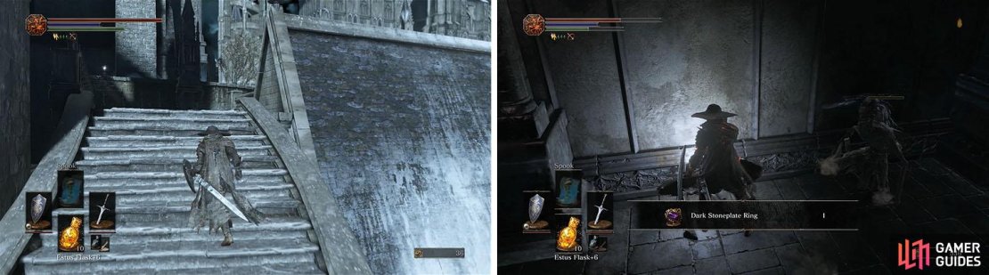 There is item hanging off the edge of the building, but you can&rsquo;t get it yet (left). Make sure to check the dead end for a Dark Stoneplate Ring (right).