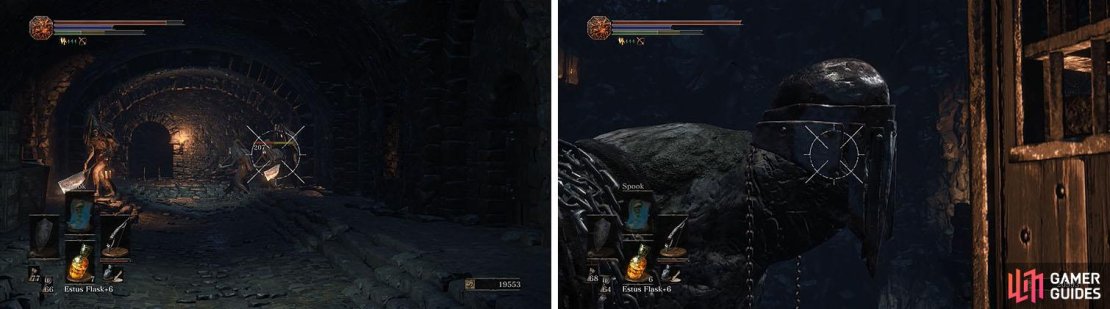 Defeat the Hollow Peasant and then slide down the ladder to find a Giant Slave.