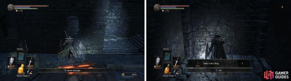 Don’t miss the window that leads to Siegward (left) and the Jailer’s Key Ring to release Karla in Irithyll Dungeon (right).