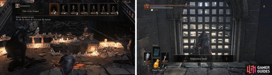 Use the Path of the Dragon gesture to obtain the Calamity Ring (left) and don&rsquo;t miss the Dragonslayer Spear as you leave the area (right).