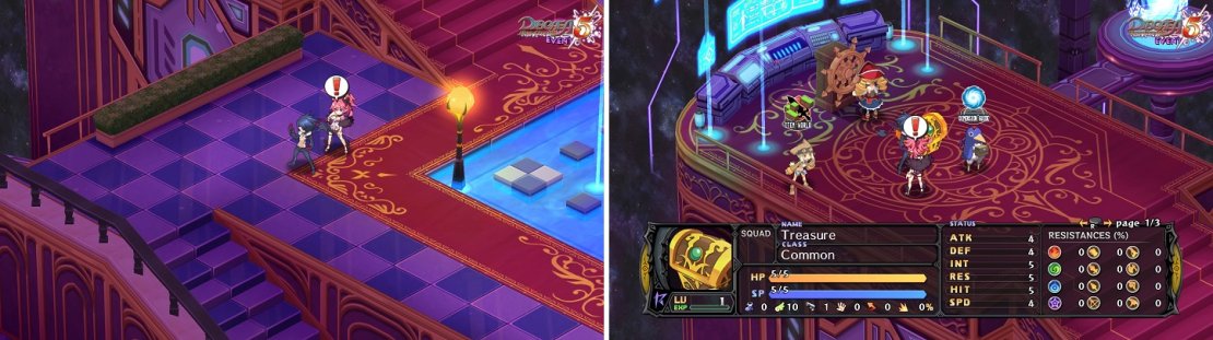 Characters in your base with a &ldquo;!&rdquo; above their heads can be talked to for a Skit (left). You can always find three chests in your base at the beginning of every Episode (right).