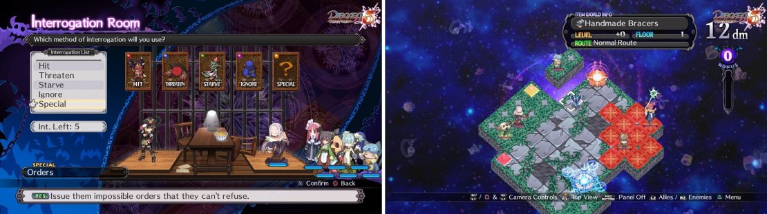 The Special option is a great choice when interrogating prisoners (left). The Item World (right) offers a lot of replay value, because of its randomly generated dungeons.