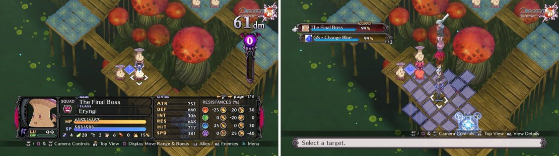 Level 99 enemies (left) give a lot of experience. You&rsquo;ll likely need to use Tower Attacks and skills to kill the enemies if you want to powerlevel (right).