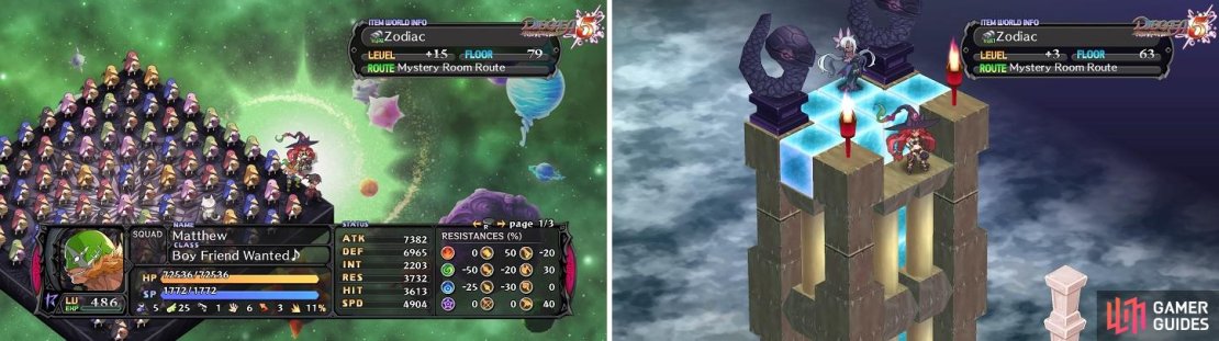 That&rsquo;s certainly a lot of Prinnies (left). Climb to the top of the tower for a chance at duplicating the item you&rsquo;re currently inside (right).