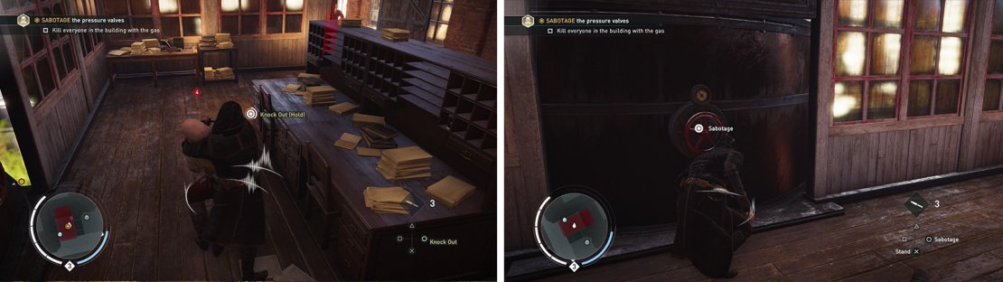 Choking out guards will not count against the optional objective (left). Our goal is to sabotage all four valves in the building (right).