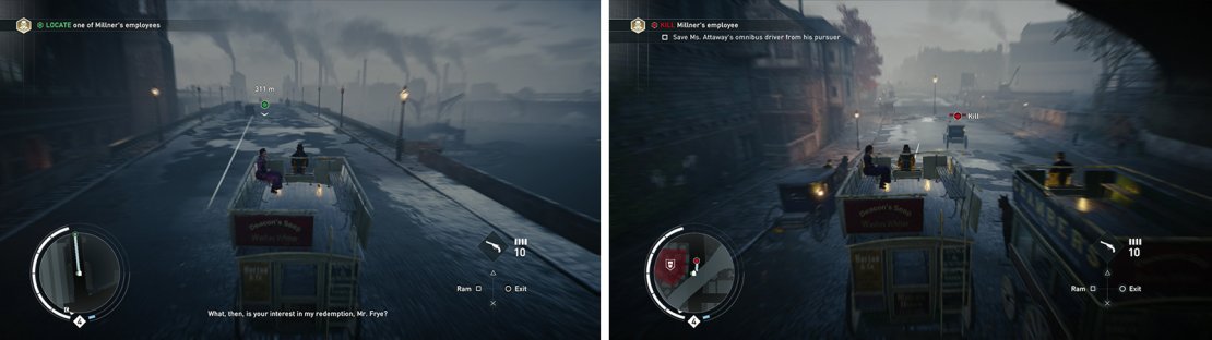 Cross the bridge (left) and then take out the hostile carriage attacking the onmnibus (right).