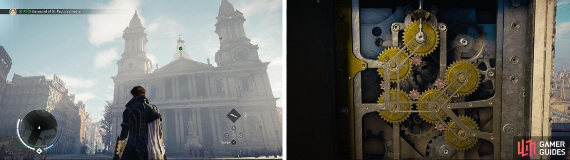 Climb to the top of St. Paul&rsquo;s (left) to locate a puzzle. Rotate the gears until you reach the solution pictured (right).