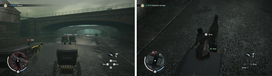Defend the target carriage (left) before hopping over to drive (right) when the coast is clear.