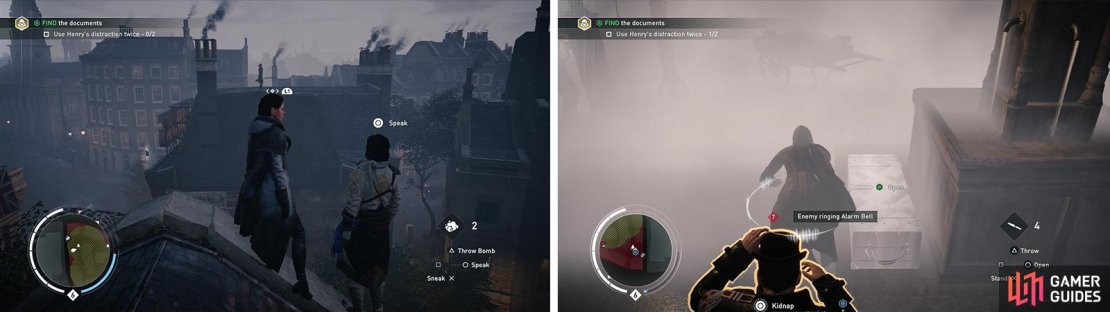 Speak with Henry to unlock his distract ability (left). Have him use distract and whilst the enmies are occupied, run in and grab the chest (right).