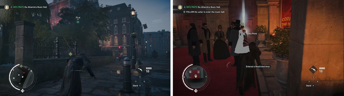 By killing one of the guards and looting a mask (left). You&rsquo;ll gain entry to the Alhambra (right).