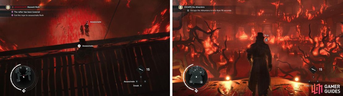 The rafter the Machinist releases will allow us to assassinate the target (left). Once he is dead, we&rsquo;ll need to escape from the club (right).