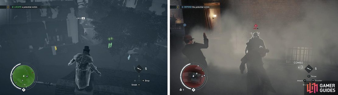 The first victim can be found in a small, walled area (left). The second victim will need to be protected from an attacker (right).
