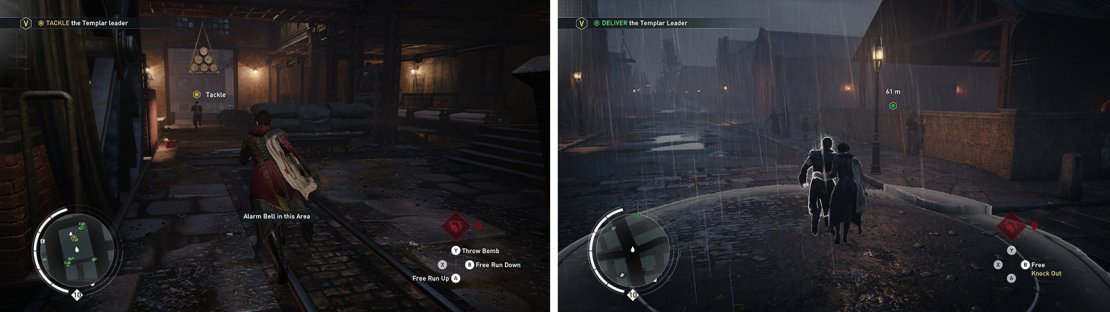 Chase down the target and avoid the explosives (left). Once you have captured him, escort him back to the dock (right).