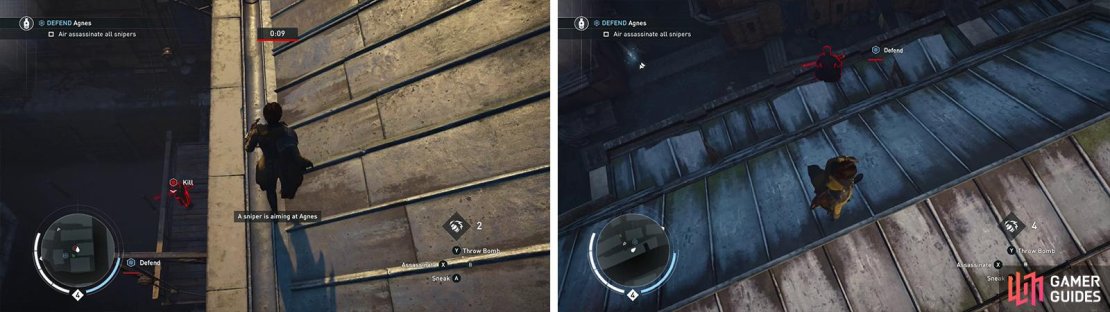 You&rsquo;ll need to climb up and air assassinate each of the Snipers for the optional objective. Sniper 1 (left) and Sniper 4 (right) pictured.