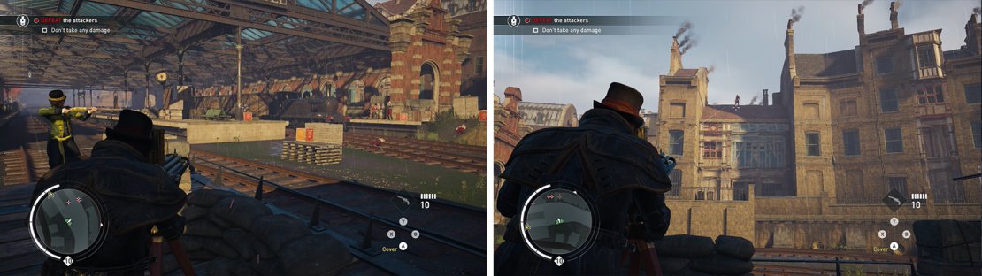 Watch out for enemies on the station platforms (left) and the rooftops on the right (right).