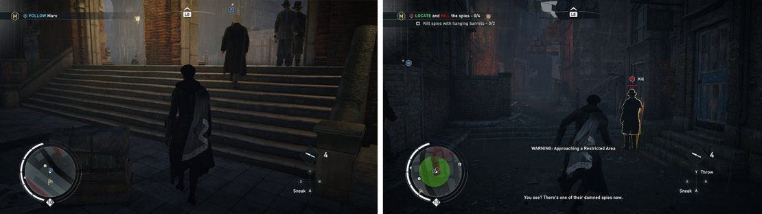 Follow Marx out of the train station (left). As you follow him down the alley, use the hanging barrels (right) to defeat the spies.