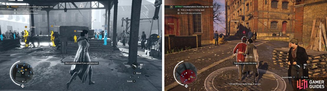 There are four targets in the area (left). We&rsquo;ll need to grab one at a time and escort them from the area (right).