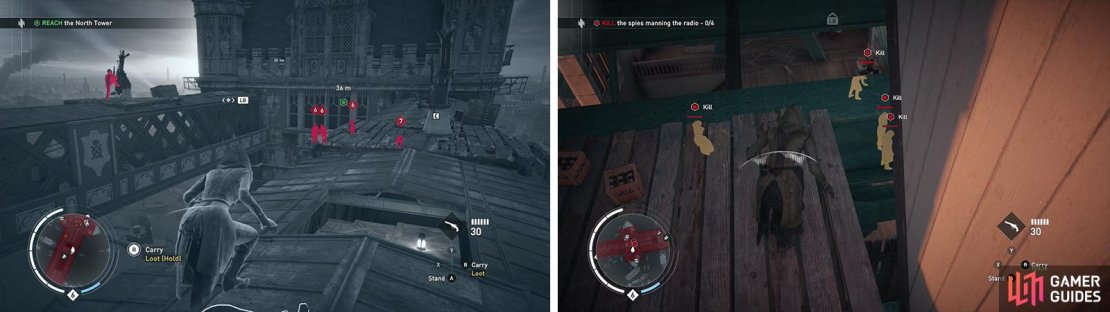 Make your way to the northern tower of the bridge (left). Enter via one of the multiple entrances and kill the Templars within (right).